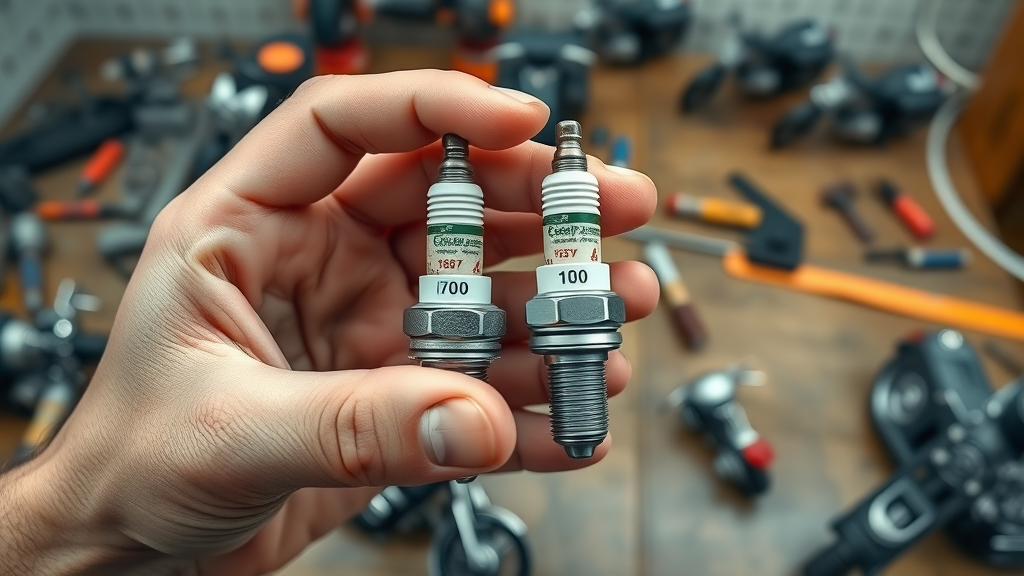 close-up of a hand holding a worn versus new spark plug, highlighting spark plug inspection for motorcycle engine maintenance.