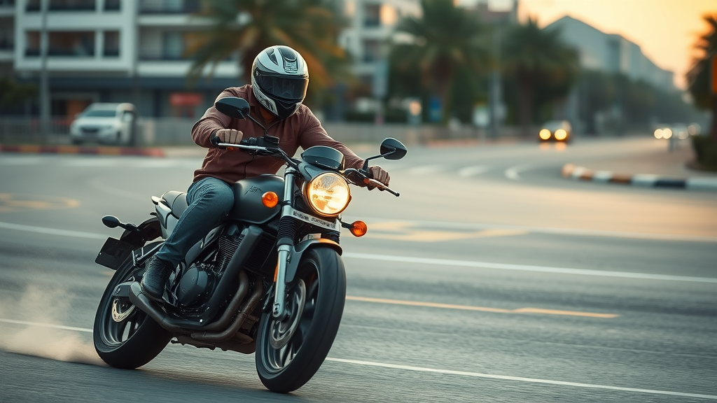 Confident motorcyclist performing a sharp right turn in the city, body leaning, focus on advanced riding technique