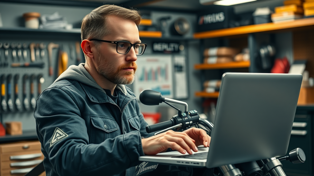 diy motorcycle repair rider calculating repair costs in garage