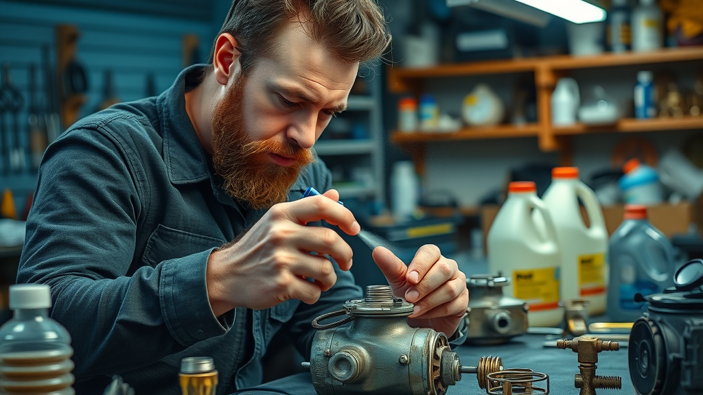 biker cleaning carburetor components for diy motorcycle repair in home garage