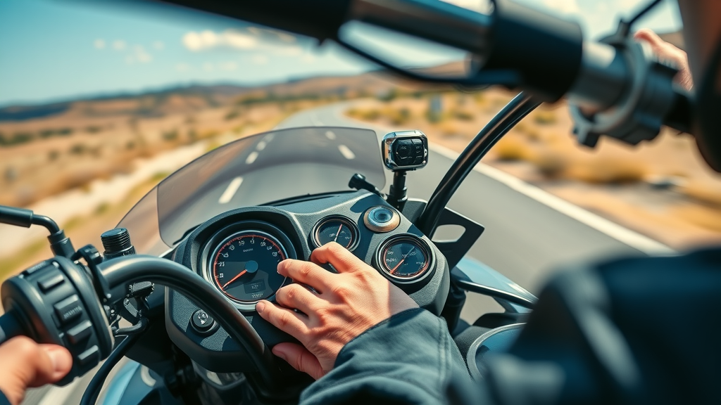 dynamic close-up of motorcycle dashboard with bluetooth speakers for superior motorcycle audio system
