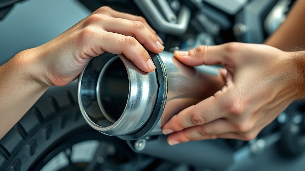 motorcycle exhaust pipe storage protection, hands inserting plug, clean and rust-free, high detail