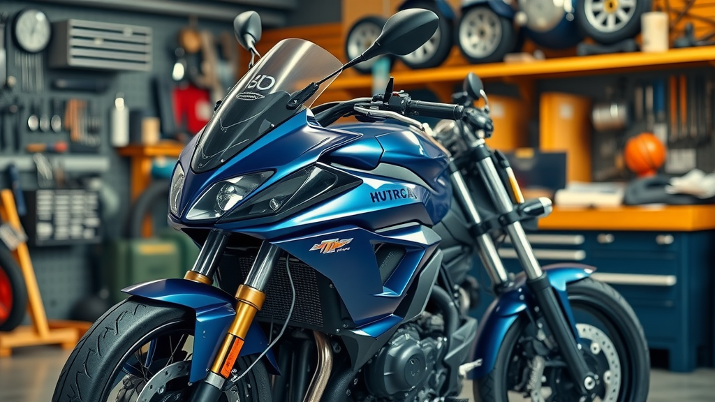 motorcycle seasonal care in a stylish garage, pristine blue motorcycle with chrome accents, high fidelity lifelike detail
