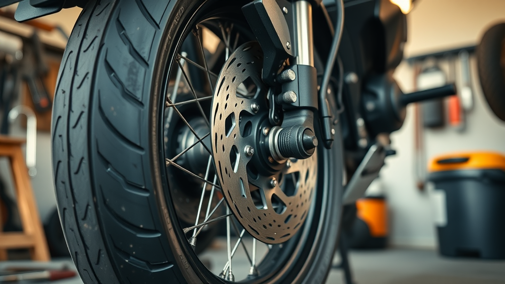 dynamic close-up of motorcycle tire and brake disc for motorcycle tire and brake care