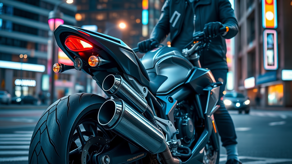 Sleek modern motorcycle emphasizing upgraded exhaust system and LED lighting, showcased in a futuristic urban night cityscape. The image highlights the importance of exhaust and LED mods for motorcycle performance and safety.