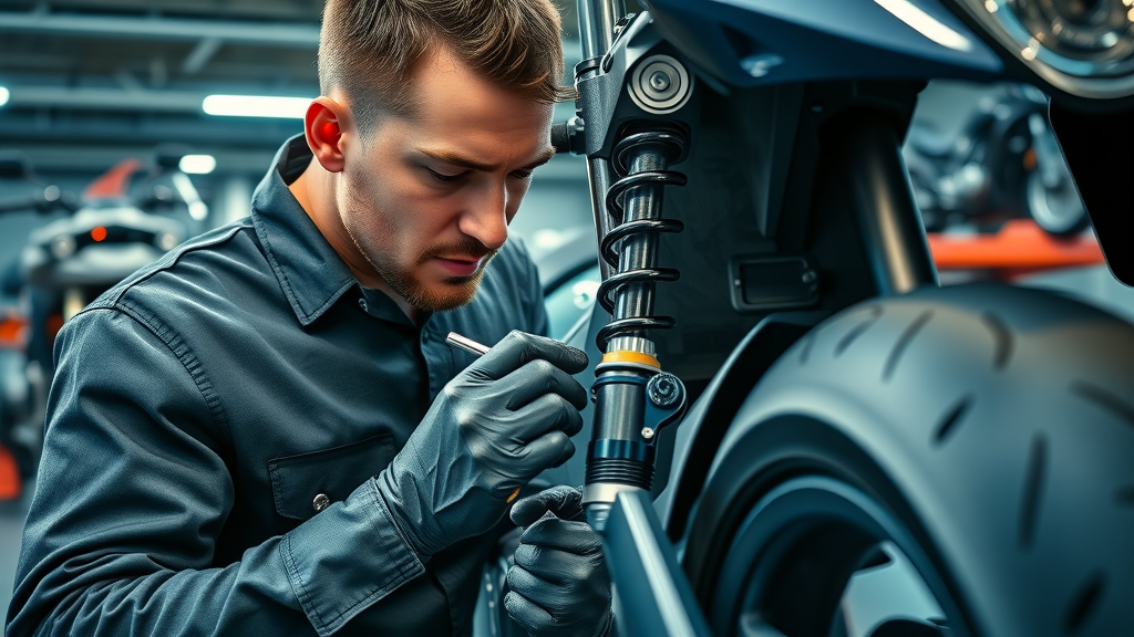 mechanic adjusting motorcycle suspension, performance cycle parts, precision tools in workshop