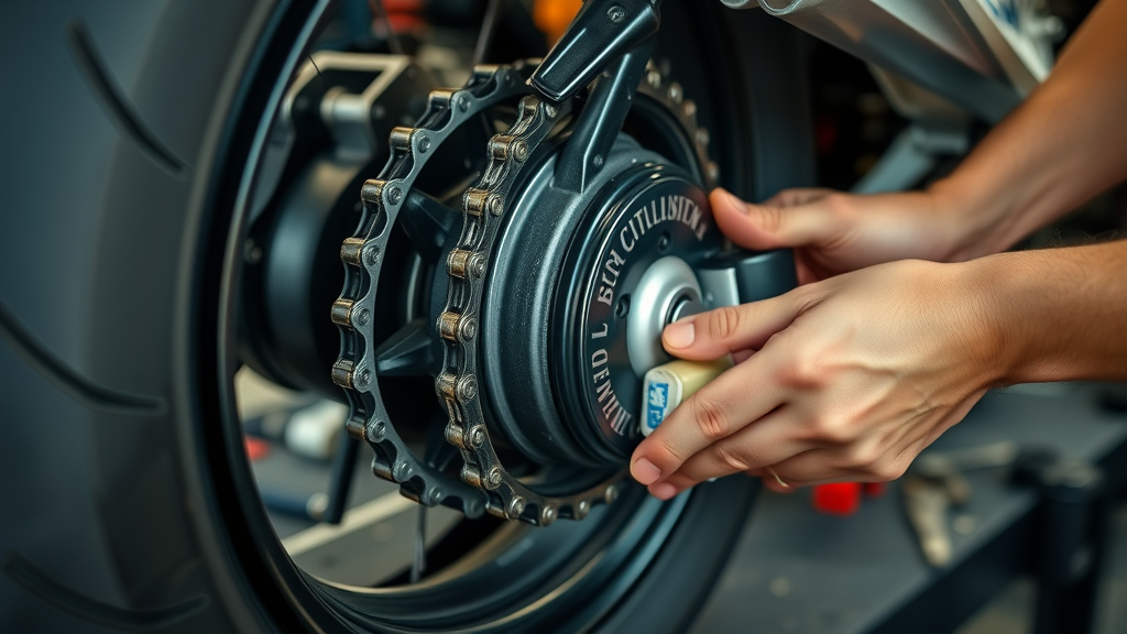 hands lubricating a motorcycle chain, showing step-by-step cleaning, rotating tire, applying lube - chain lubrication tips