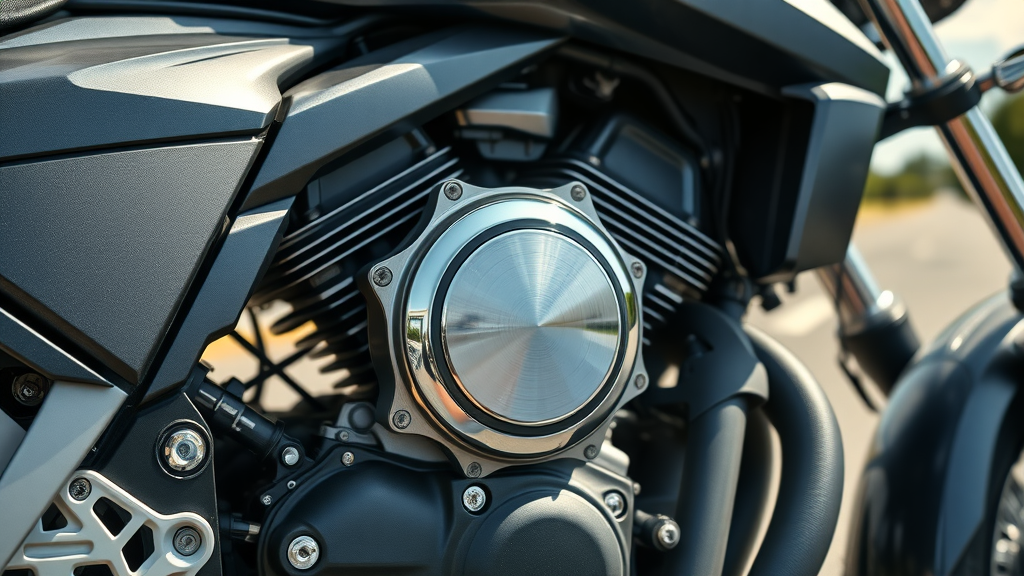 crisp close-up of a modern motorcycle engine, gleaming and well-maintained, resting outdoors on an open road, demonstrating engine maintenance for motorcycle longevity.