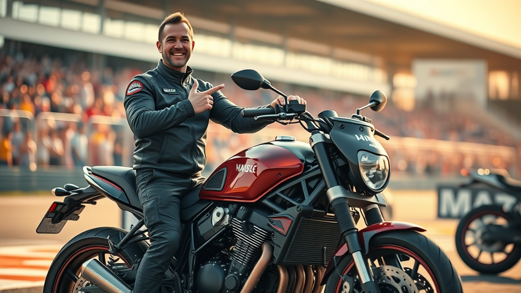 Triumphant motorcyclist next to a customized, high-performance motorcycle, pointing at upgraded aftermarket mods in a sunlit racetrack pit lane—embodying the results of top performance motorcycle mods.