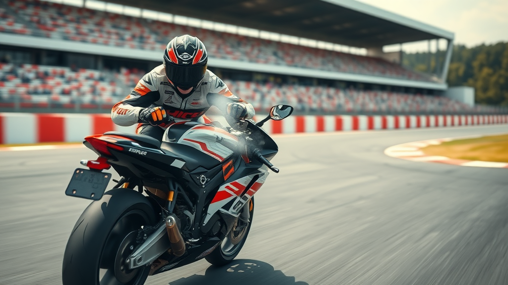 Sport motorcycle rider accelerating on a controlled track, emphasizing speed riding and safety, wearing full protective gear