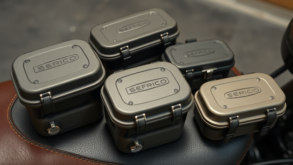 close-up of various motorcycle toolboxes and pouches on custom seat, tool box storage for motorcycle tool kit essentials