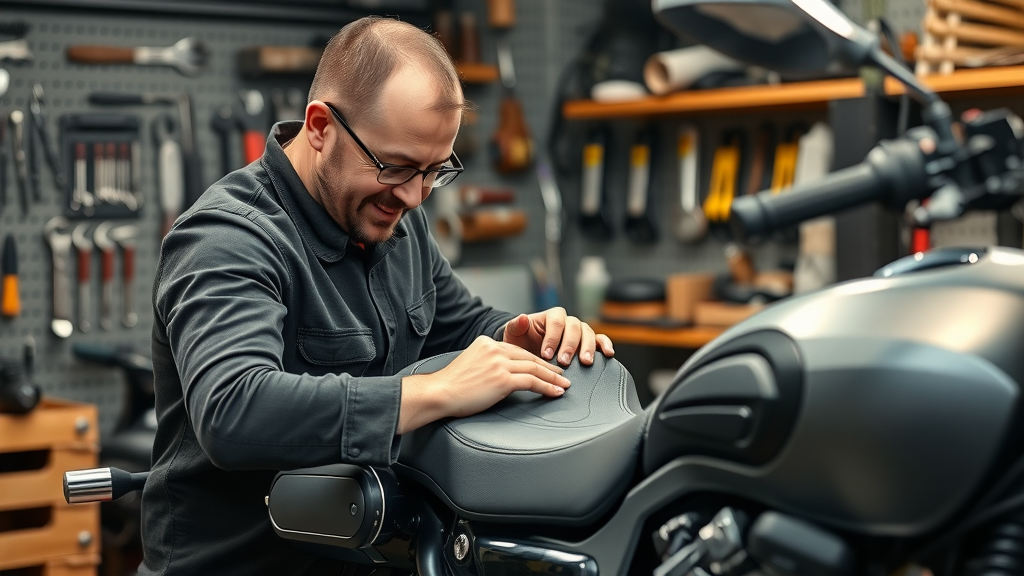 premium comfort motorcycle seat installation, ergonomic cycle parts, technician fitting seat in garage
