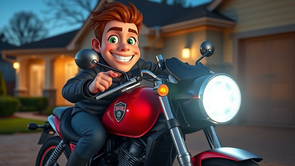 Confident motorcycle rider inspecting LED light upgrade after installation, illuminated at dusk in a driveway—a dynamic representation of LED lighting as a performance motorcycle mod.