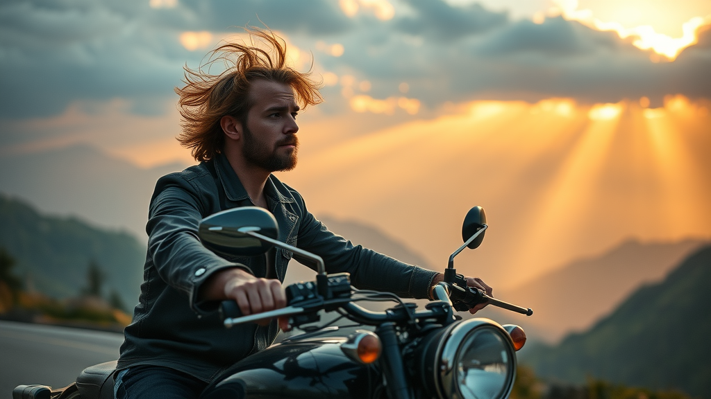 seasoned motorcycle rider confident on mountain road at sunrise, showcasing handling skills