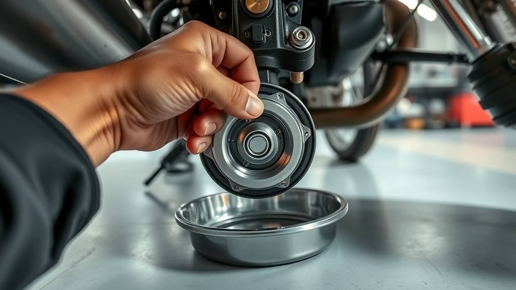 Under-motorcycle perspective of oil drain plug and oil pan positioned for oil change steps, technician’s hand ready, garage floor background