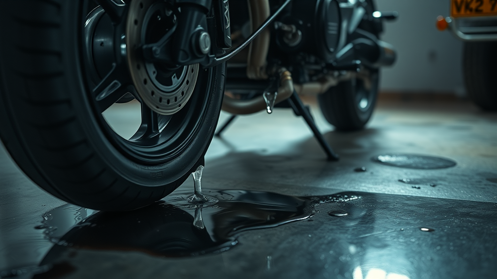 motorcycle leaking brake fluid onto garage floor, close-up, realistic style