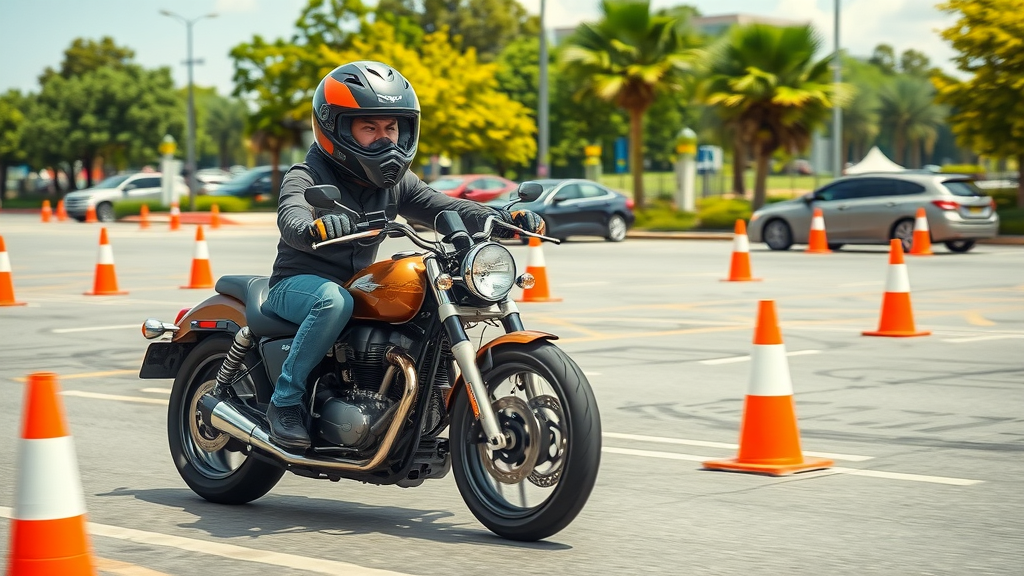motorcyclist weaving between cones in parking lot practicing handling skills