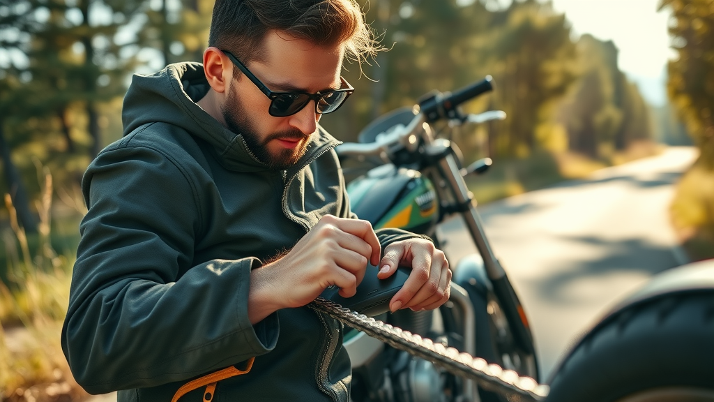modern motorcyclist inspecting bike chain for dust and moisture outside, checking for rust - chain lubrication tips