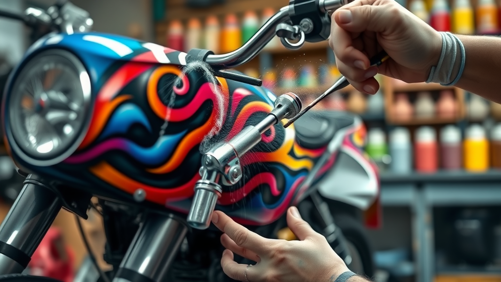 airbrushed motorcycle custom paint job for unique customization, bold colors, artist at work, detailed paint tools
