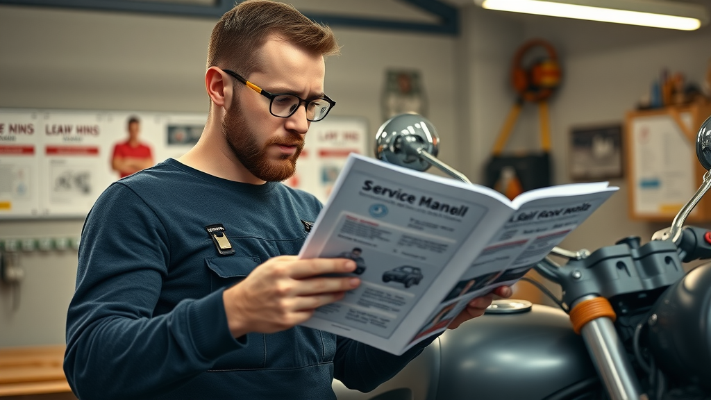 novice biker performing diy motorcycle repair using service manual in garage