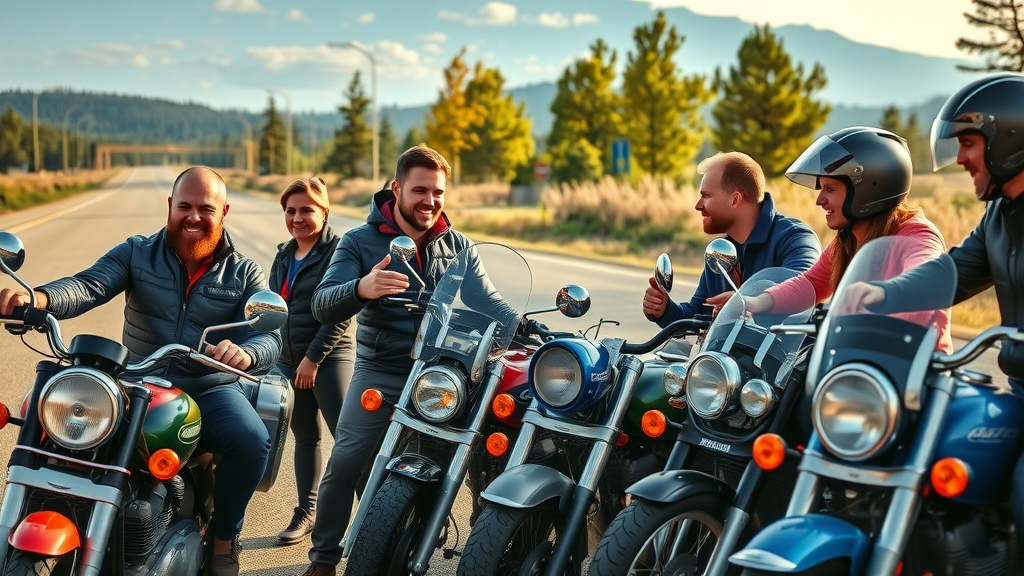 motorcyclists discussing motorcycle speakers audio systems on roadside break