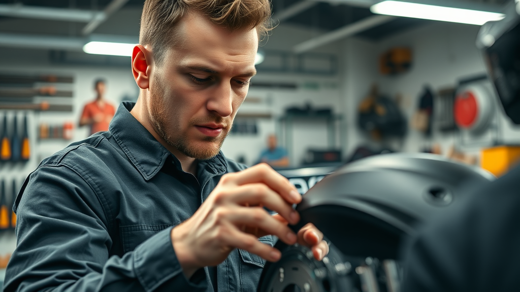 professional motorcycle mechanic inspecting motorcycle brakes in modern garage
