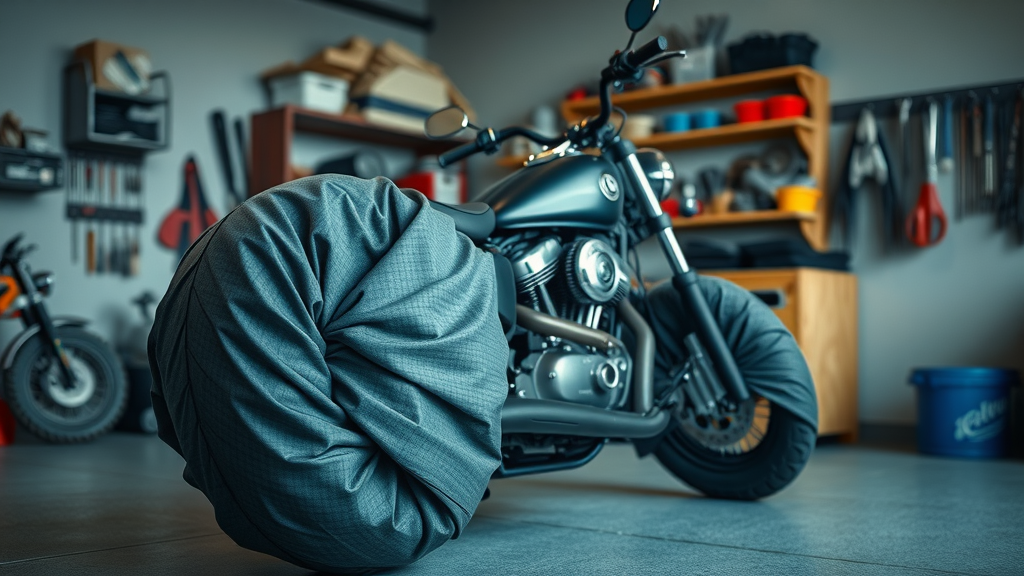 covered motorcycle tires parked in cool dry garage environment