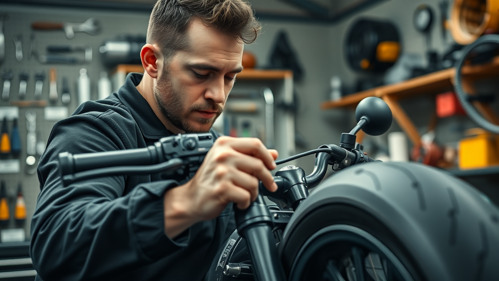 Motorcycle technician testing the front brake lever and wheel during a safety check in a professional workshop, focusing on motorcycle safety inspection.