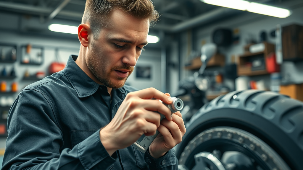 professional mechanic demonstrating proper lubrication technique on a motorcycle chain, chain lube, maintenance tips, in a workshop - chain lubrication tips