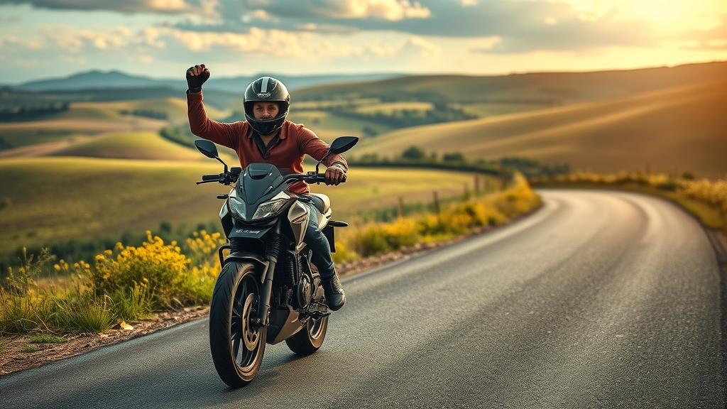 Confident new motorcyclist riding through scenic countryside road, demonstrating advanced beginner motorcycle riding tips for building skill and confidence.