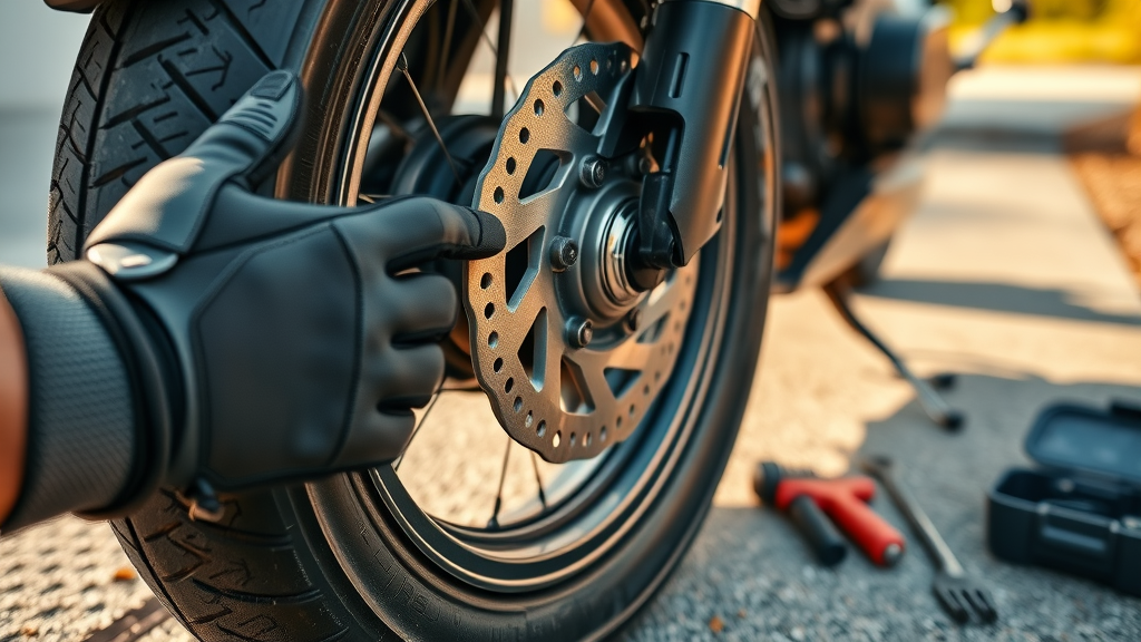 Gloved hands inspecting motorcycle tire tread and brake disc for depth and wear, emphasizing detailed motorcycle safety checks.