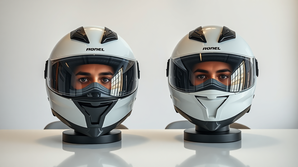 contrasting motorcycle helmets full-face and open-face displayed in a professional showroom