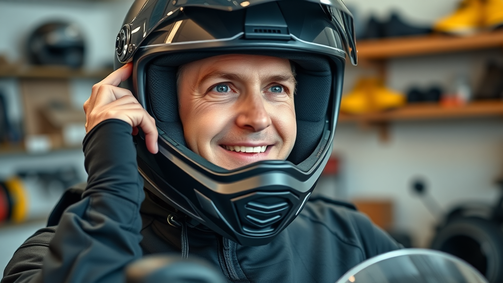 Secure beginner motorcyclist adjusting full-face helmet, displaying complete set of safety gear for motorcycle riding tips and protection.