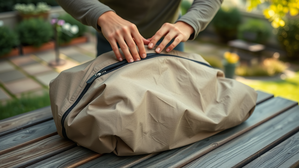 motorcycle cover storage bag careful folding hands zipping up pouch