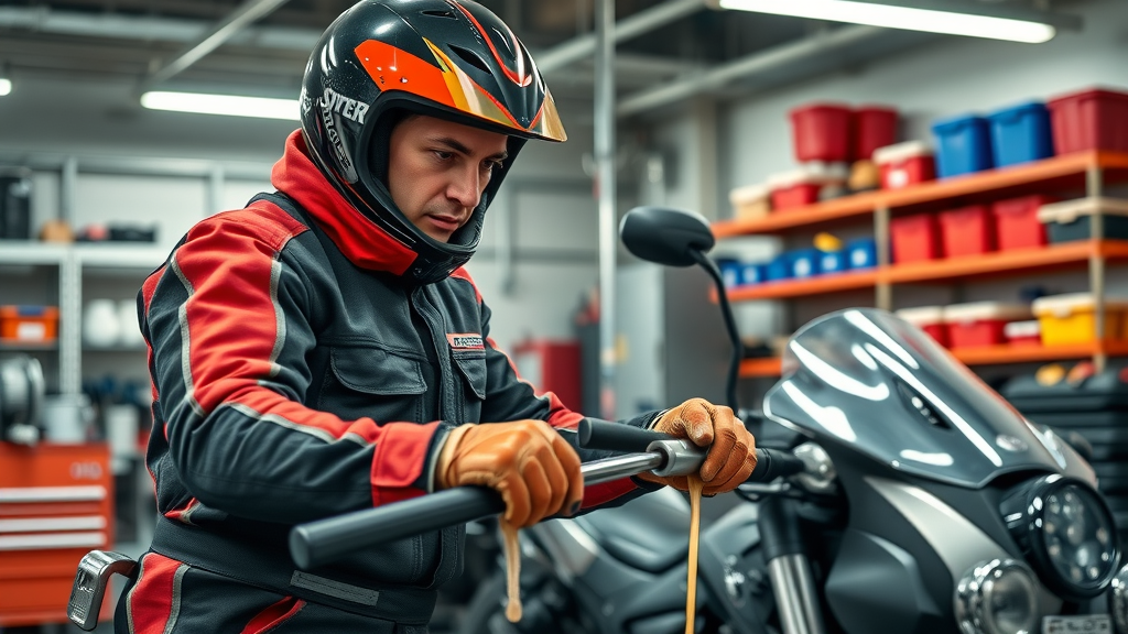 motorcycle oil change, rider draining oil with clean tools in a bright, organized workshop