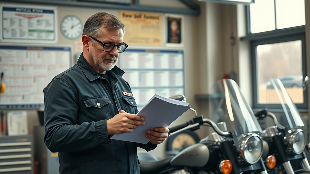 Certified motorcycle safety inspector records results during state inspection at an official garage as part of mandatory motorcycle safety inspection regulations.