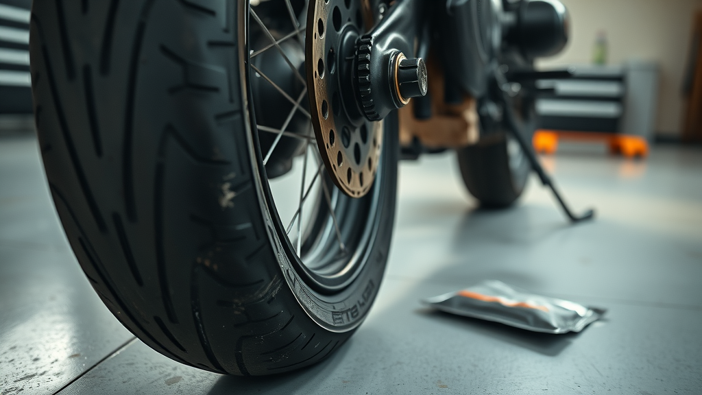 motorcycle tire with visible tread puncture for motorcycle tire and brake care