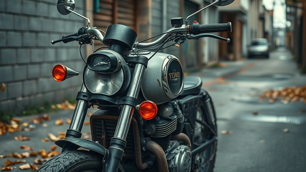 motorcycle covers rugged motorcycle exposed to weather with rust and fading in urban alley