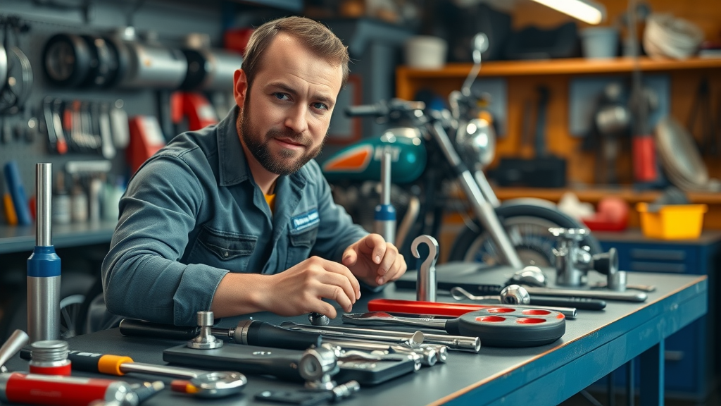 motorcycle repair tools for diy motorcycle repair neatly organized on a workbench