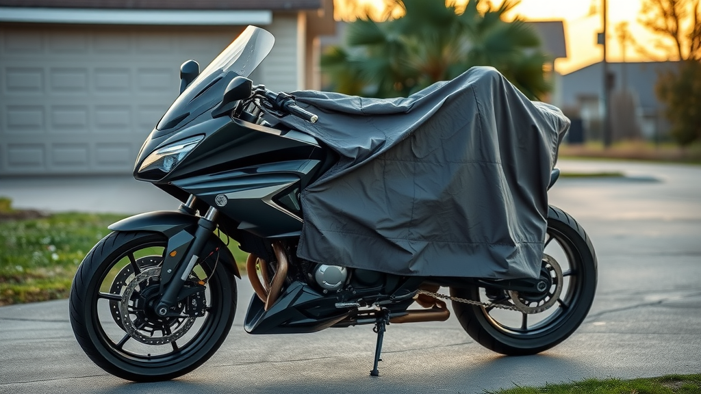 motorcycle cover recommendations sleek touring motorcycle under heavy-duty cover in outdoor driveway with sunrise and dew