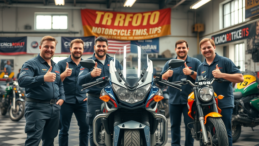 diy motorcycle repair team celebrating successful bike restoration in workshop