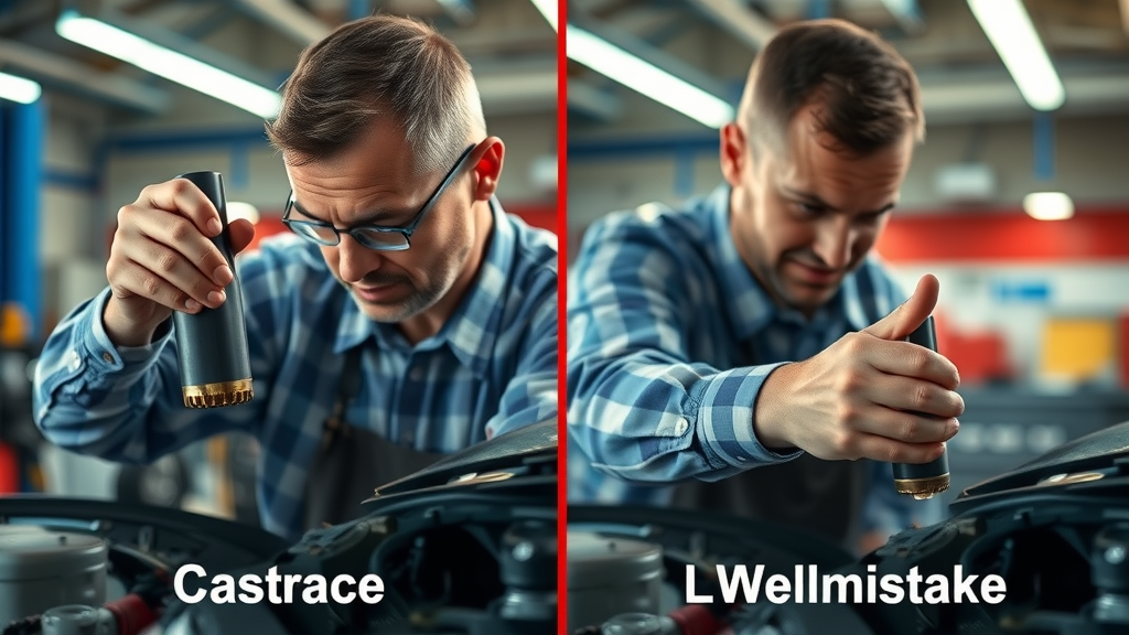 Side-by-side comparison of correct and incorrect motorcycle oil change steps in service garage, color accents highlighting differences