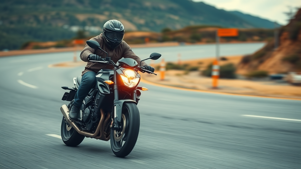 Expert motorcycle rider performing an emergency evasive maneuver on a mountain curve, skillful advanced riding