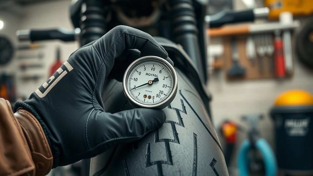 motorcycle tire pressure gauge pressed against tire valve with gloved hand