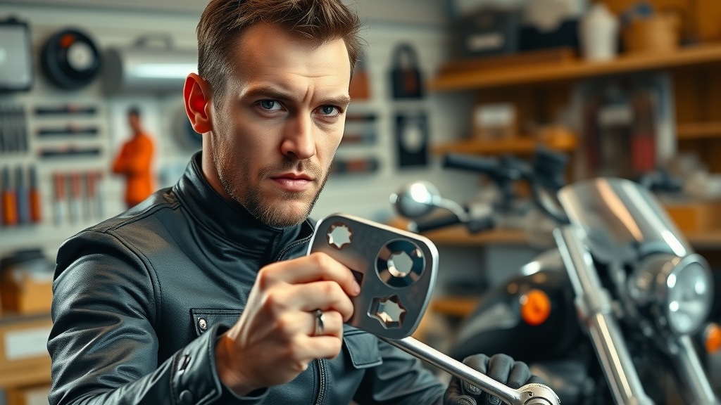 confident motorcycle rider inspecting tools for diy motorcycle repair in organized garage