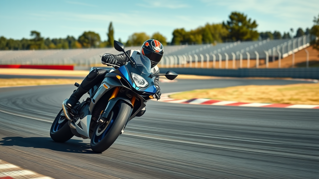 Motorcyclist leaning into a moderate speed turn on a controlled track, symbolizing balanced safe speed riding