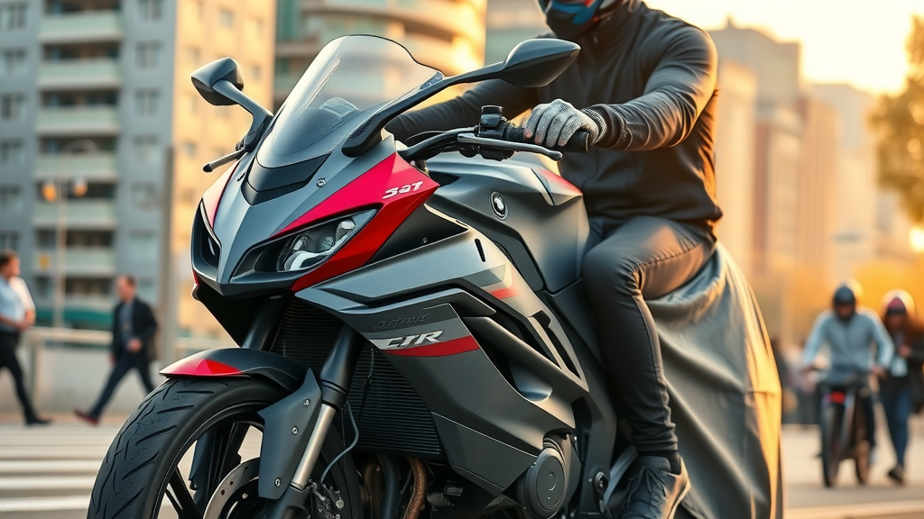 stretch motorcycle cover snug fit on sport bike cityscape dynamic