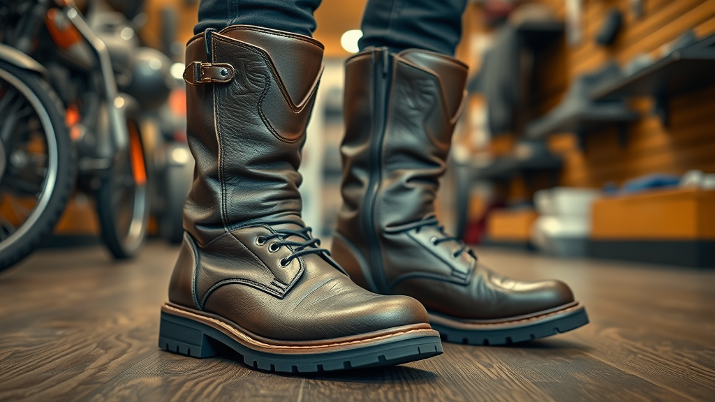 sturdy motorcycle boots with non-slip sole on a wooden shop floor