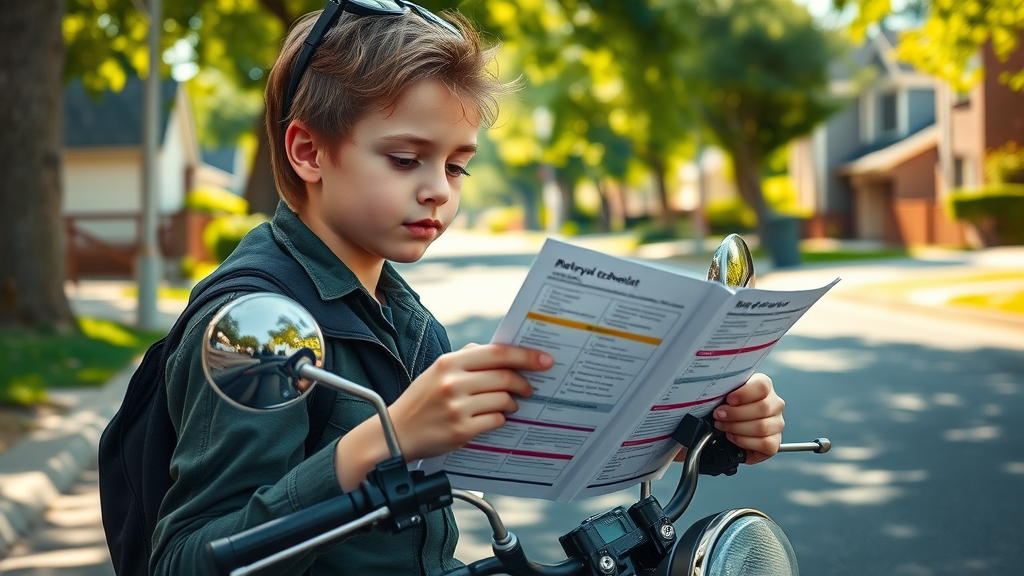 Young rider referencing a motorcycle safety checklist before riding, with step-by-step inspection instructions visible, illustrating motorcycle safety checks in action.