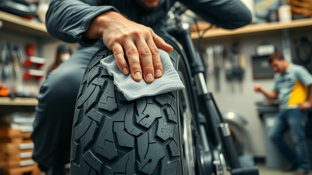 motorcycle tire cleaning with microfiber cloth in professional workshop
